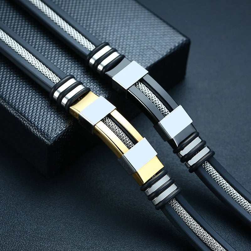13mm Grooved Silicone With Stainless Steel Mesh Bracelet