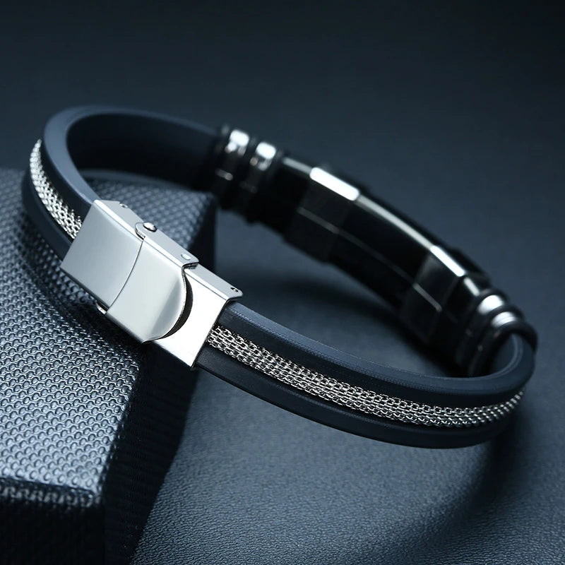 13mm Grooved Silicone With Stainless Steel Mesh Bracelet