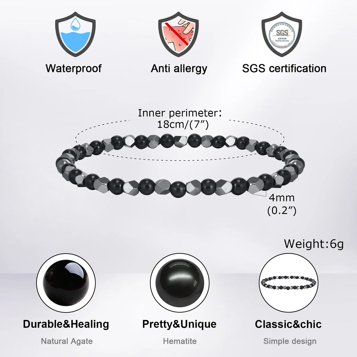 4mm Natural Stone Hematite Stretch Bracelet