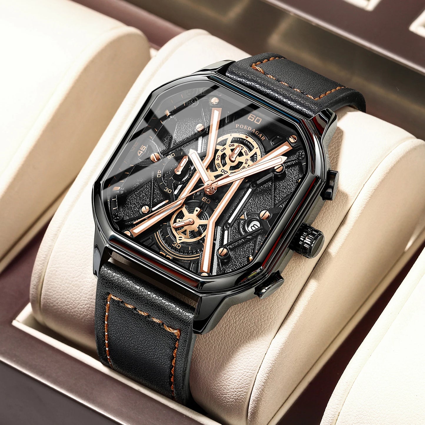 42mm - Luxury Chronograph Luminous Leather Quartz