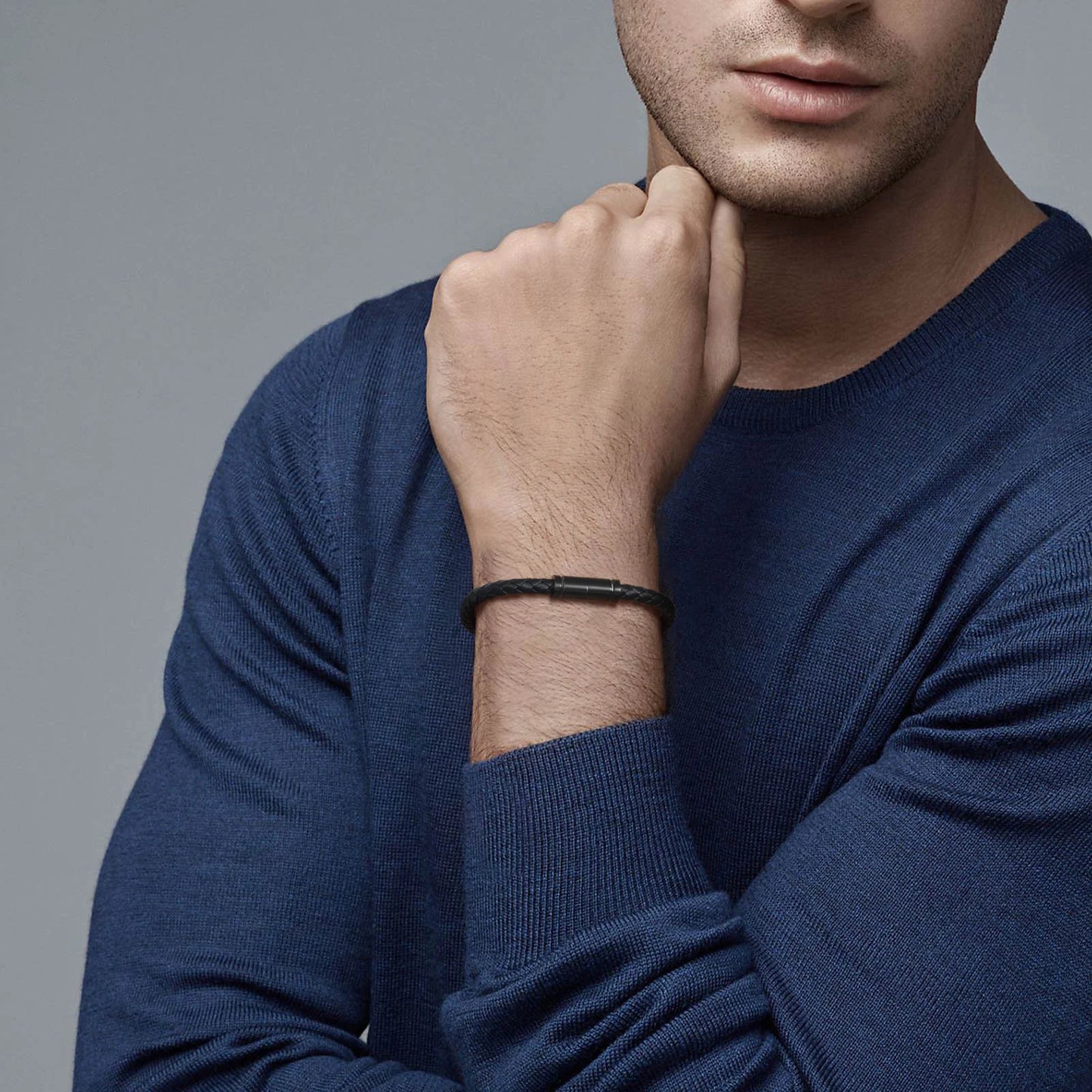 5.4mm Braided Black Leather Bracelet